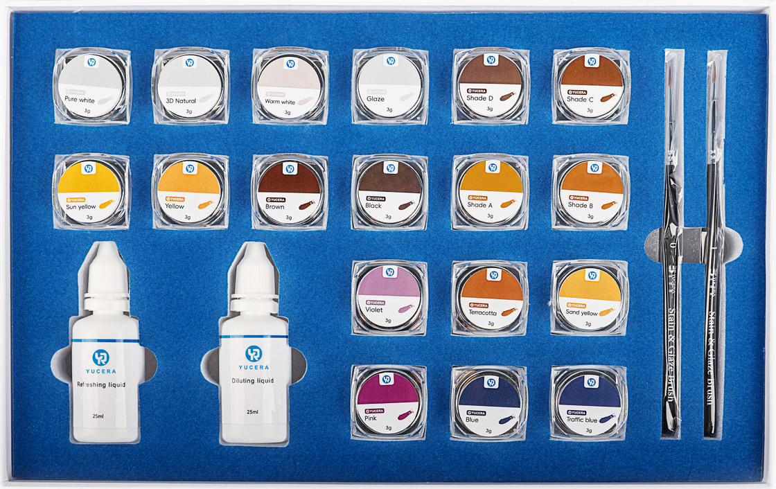 Kit di colorazione e smaltatura in ceramica di zirconio Yucera a 18 colori Natural Glow per creazioni di laboratorio odontotecnico